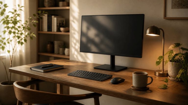 Calm and uncluttered home office desk setup with monitor at eye level, task lamp, and small plant