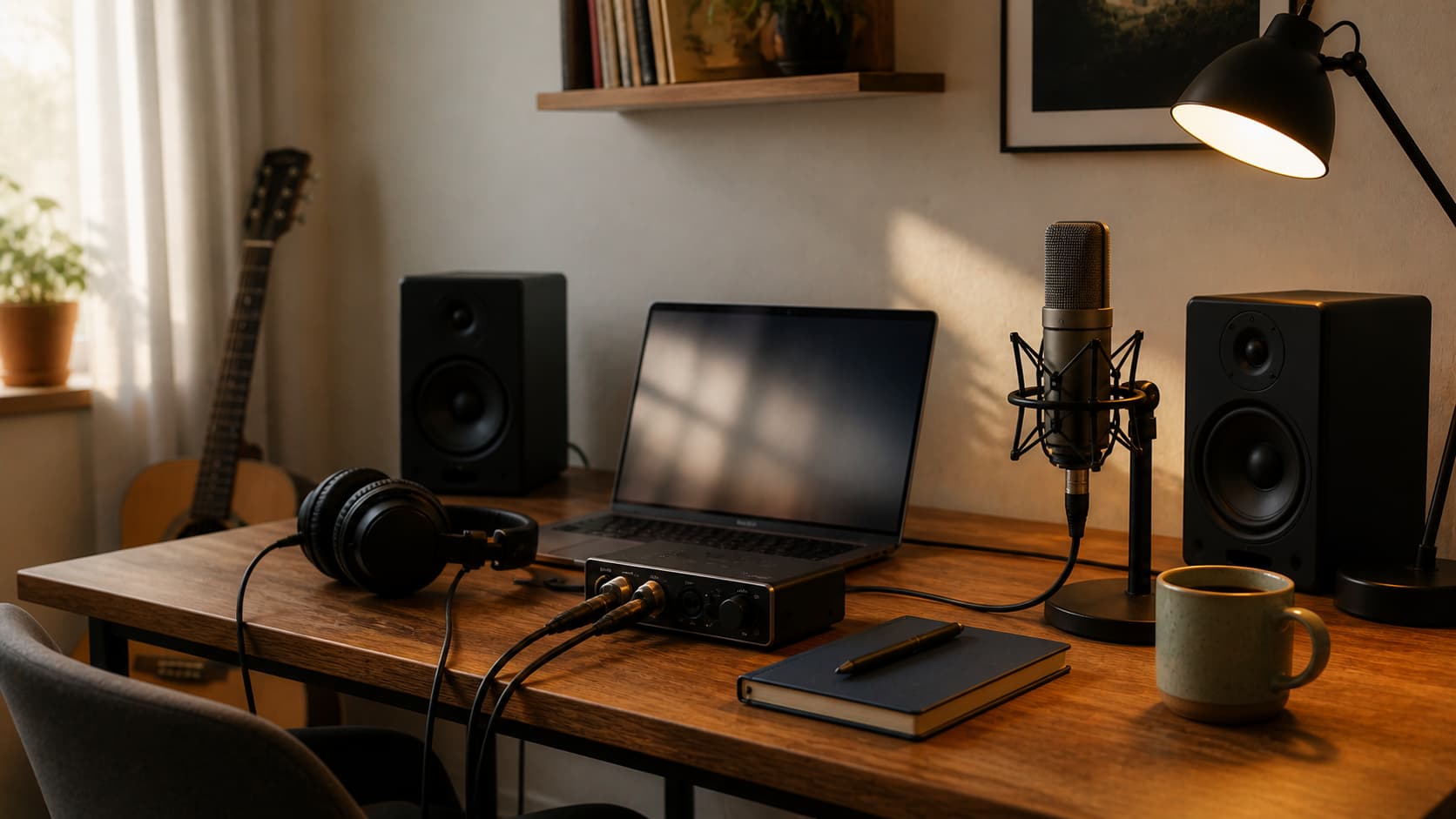 Small home recording studio with laptop, audio interface, condenser microphone and studio headphones on a wooden desk
