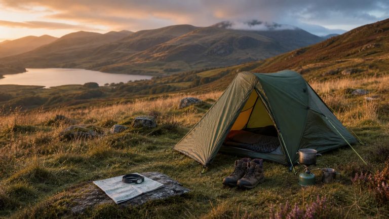 Small green hiking tent pitched on grass in a UK upland landscape with mist over distant hills at golden hour